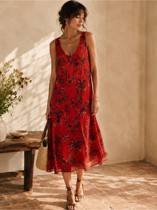 Vintage Dresses & Skirts - Vintage Made in Italy Red Floral Double Layer Silk Blend Midi Dress